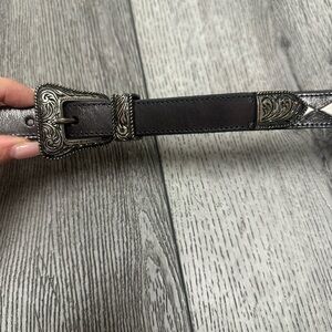 Saint Laurent Dark Brown Leather Belt with Ornate Silver Buckle